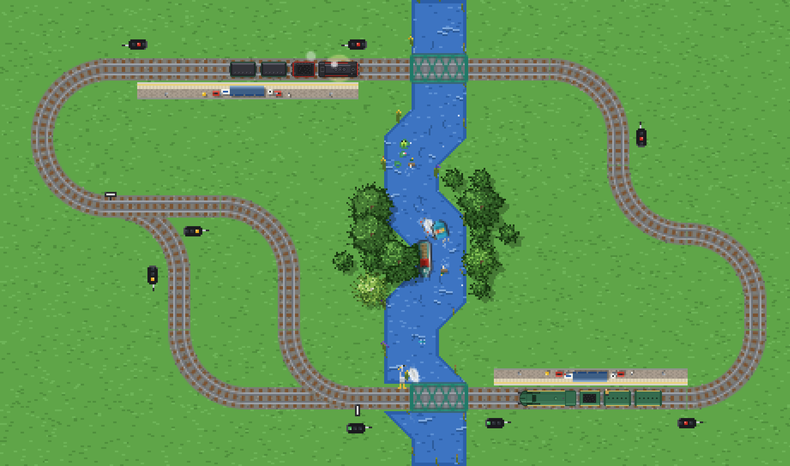 A pixel-art circuit seen from above: a steam train leaving one platform, an electric train at another, block signals along the line, and a river crossed by two green bridges with two boats on it.