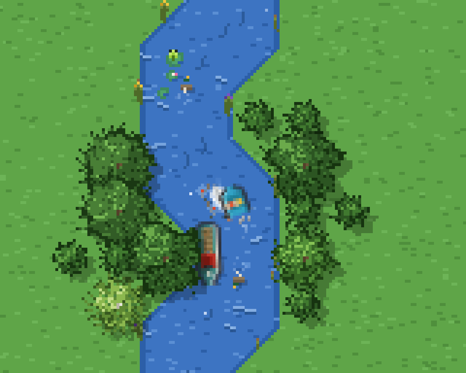A river seen from above between wooded banks: a fishing boat and a blue pedalo passing each other, lily pads with a frog, reeds along the banks.