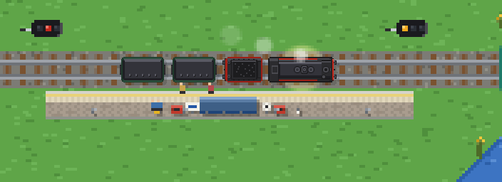 Close-up of a platform: a black-and-red steam express standing at it, passengers waiting by a bench and a timetable board.