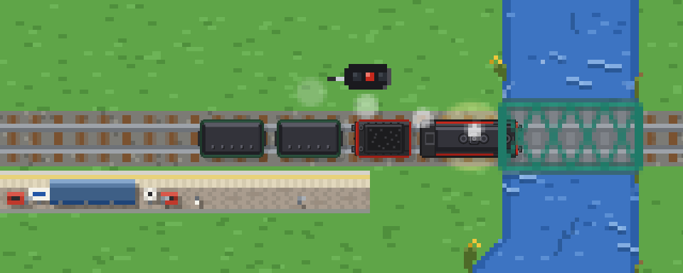 The BR 01 express running east past a platform: the black locomotive with its red frames, the tender and two green coaches, a signal beside the line and a girder bridge over the river ahead.